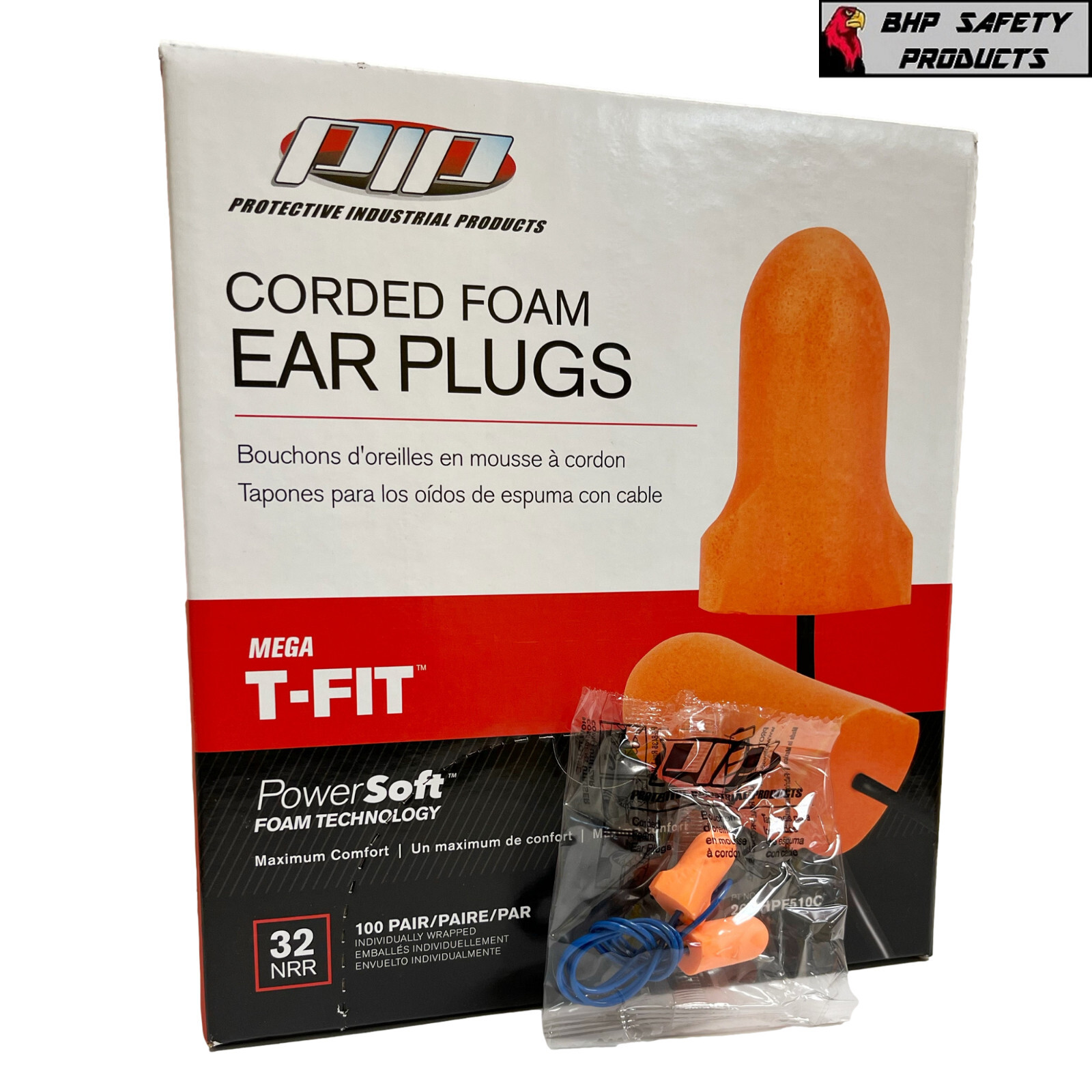 PIP Mega T-Fit Disposable Poly Foam Ear Plugs NRR 32 Corded 100 Pairs per Box