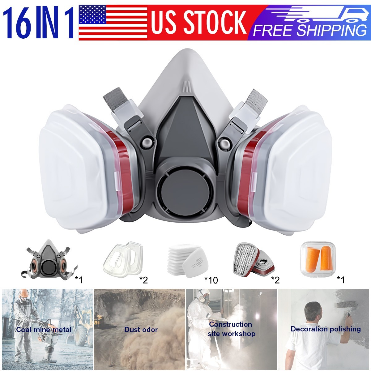16 IN 1 Half Face Respirator Gas Mask Facepiece Spray Painting Safety Earplugs