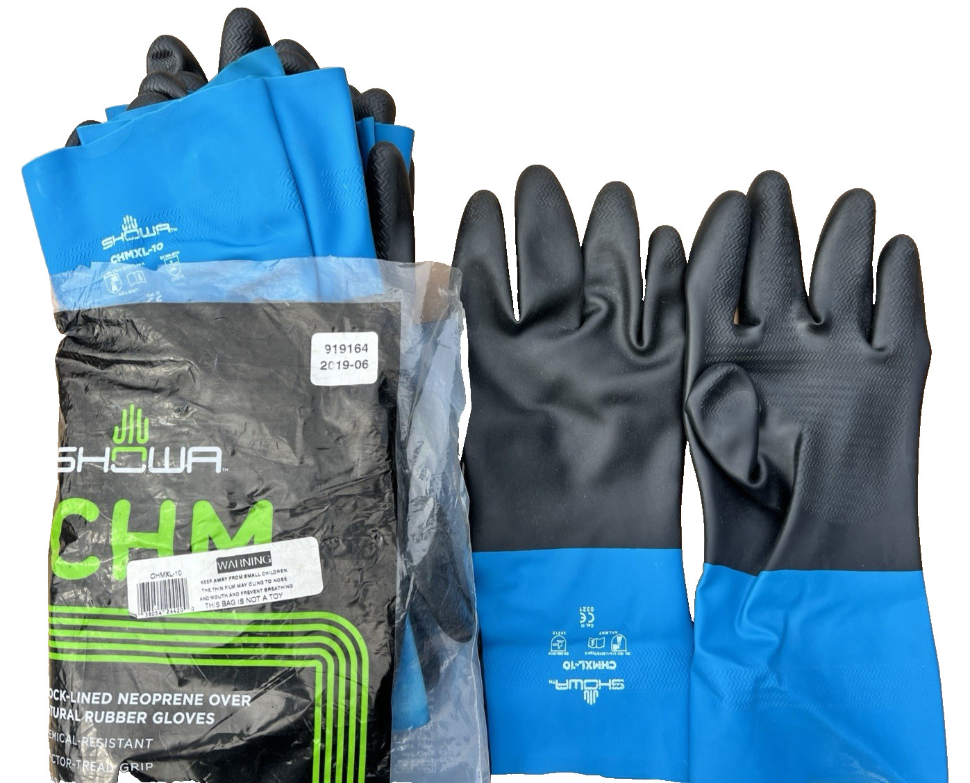 12 Pair Showa CHMXL-10 Chemical Resistant Gloves Size 10 XL Neoprene bulk, NEW
