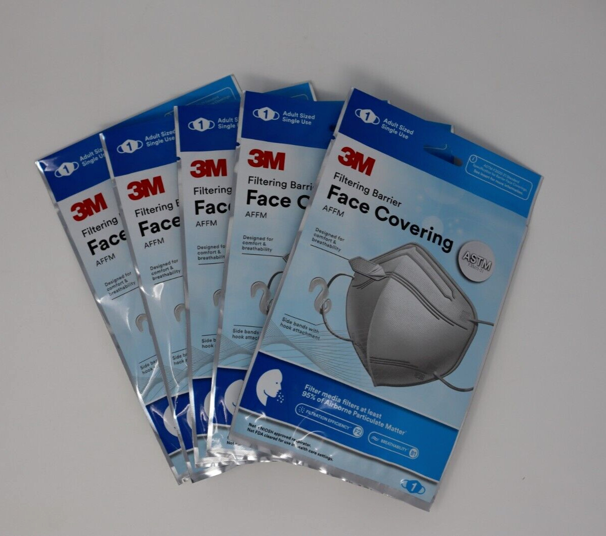 5-Pack 3M Filtering Barrier Face Covering, Adult Sized Single Use, ASTM F3502-21