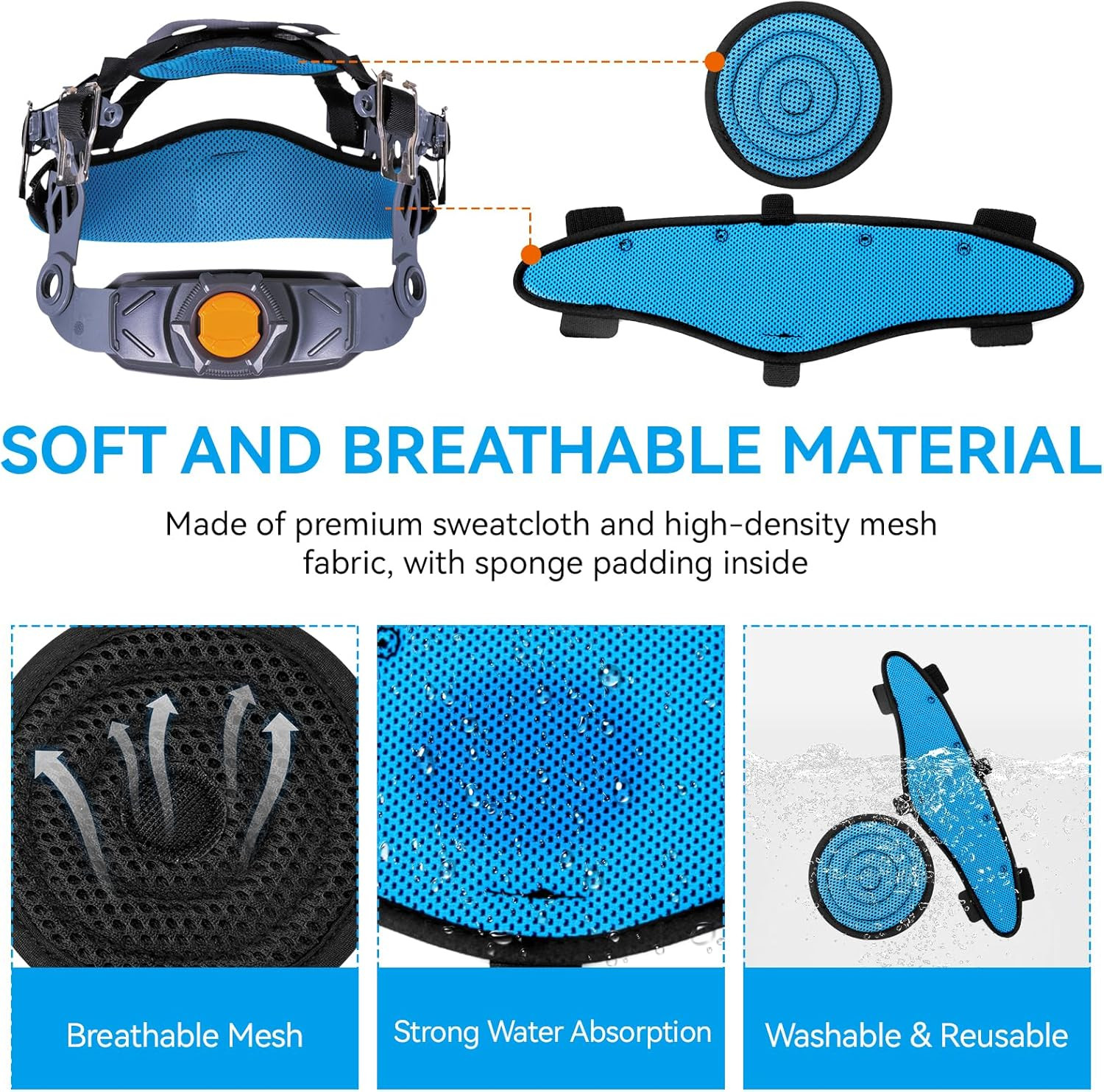 Hard Hat Sweatband and Top Pad for Safety Helmet, Washable Hard Hat Cooling Line