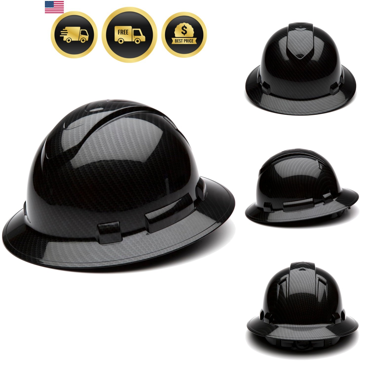 Pyramex Full Brim Hard Hat 4 Point Ratchet Shiny Black Graphite Pattern
