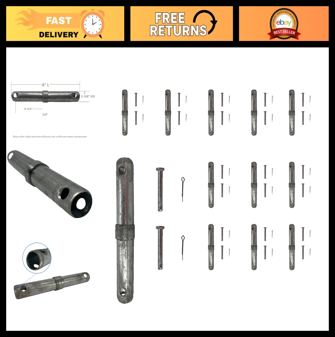 Scaffolding Coupling Pins 1-3/8″ OD x 8″ L with 3/4″ Collar & Locking Pins, 12 P