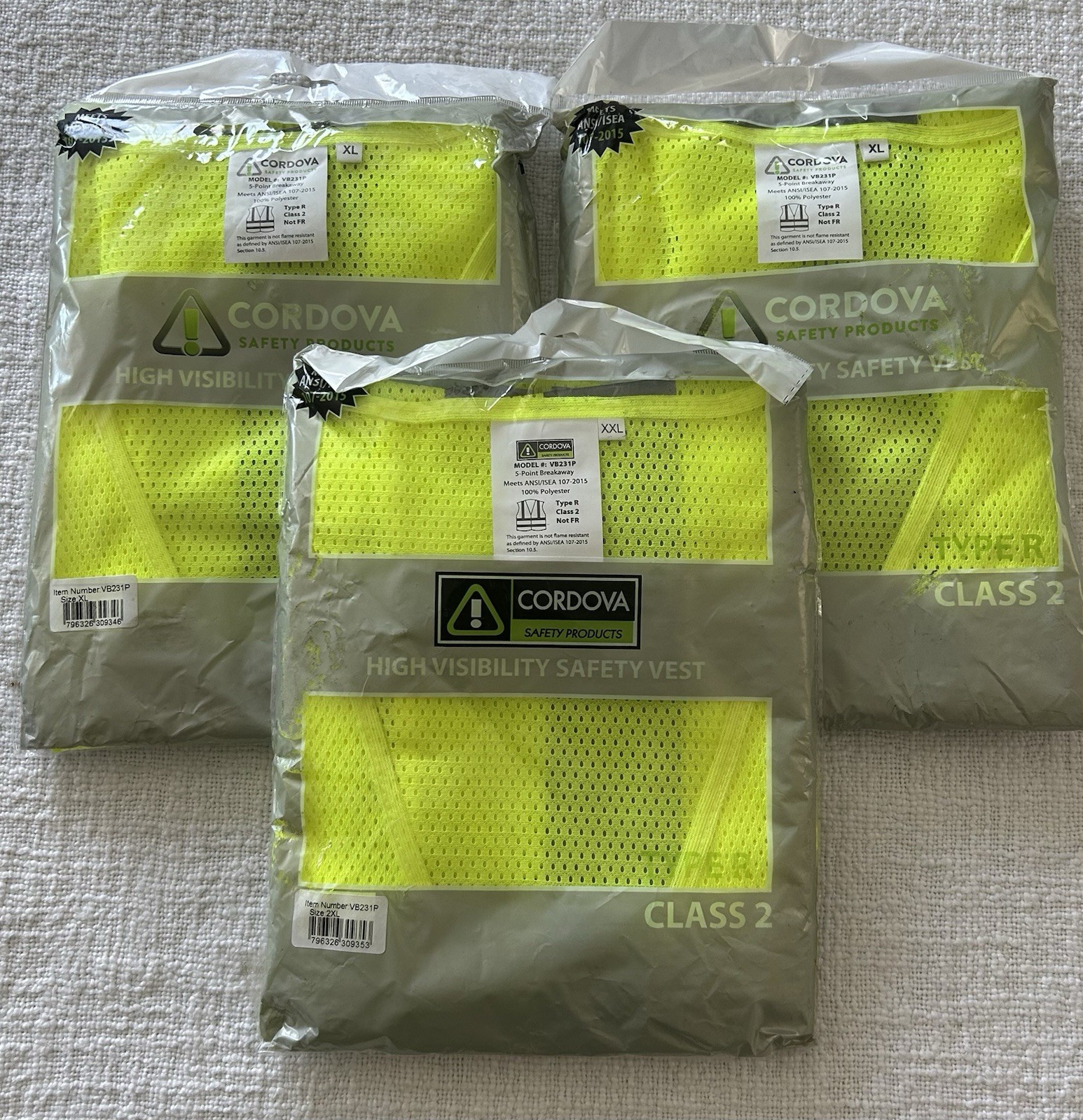 Lot Of 3 Cordova High Visibility Safety Vest Type R Class 2 Model VB231P XL XXL