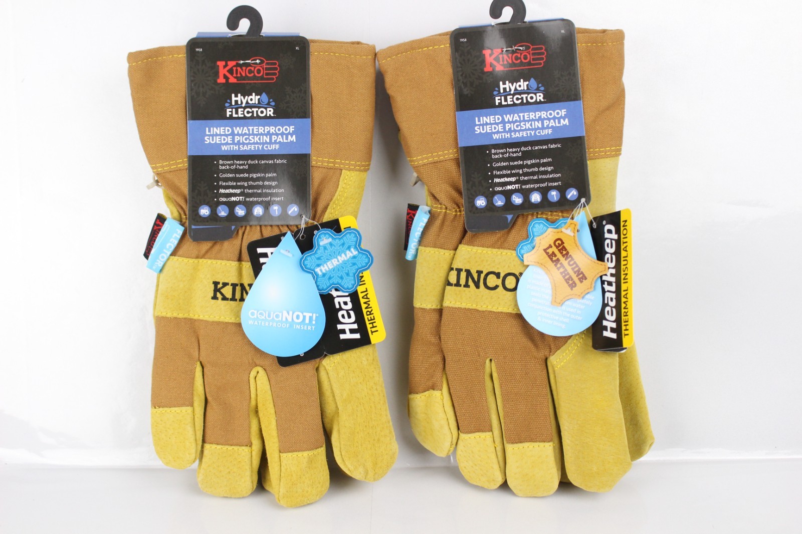 2 Pair Kinco Gloves HydroFlector Lined Waterproof Suede Pigskin Palm w/Cuff