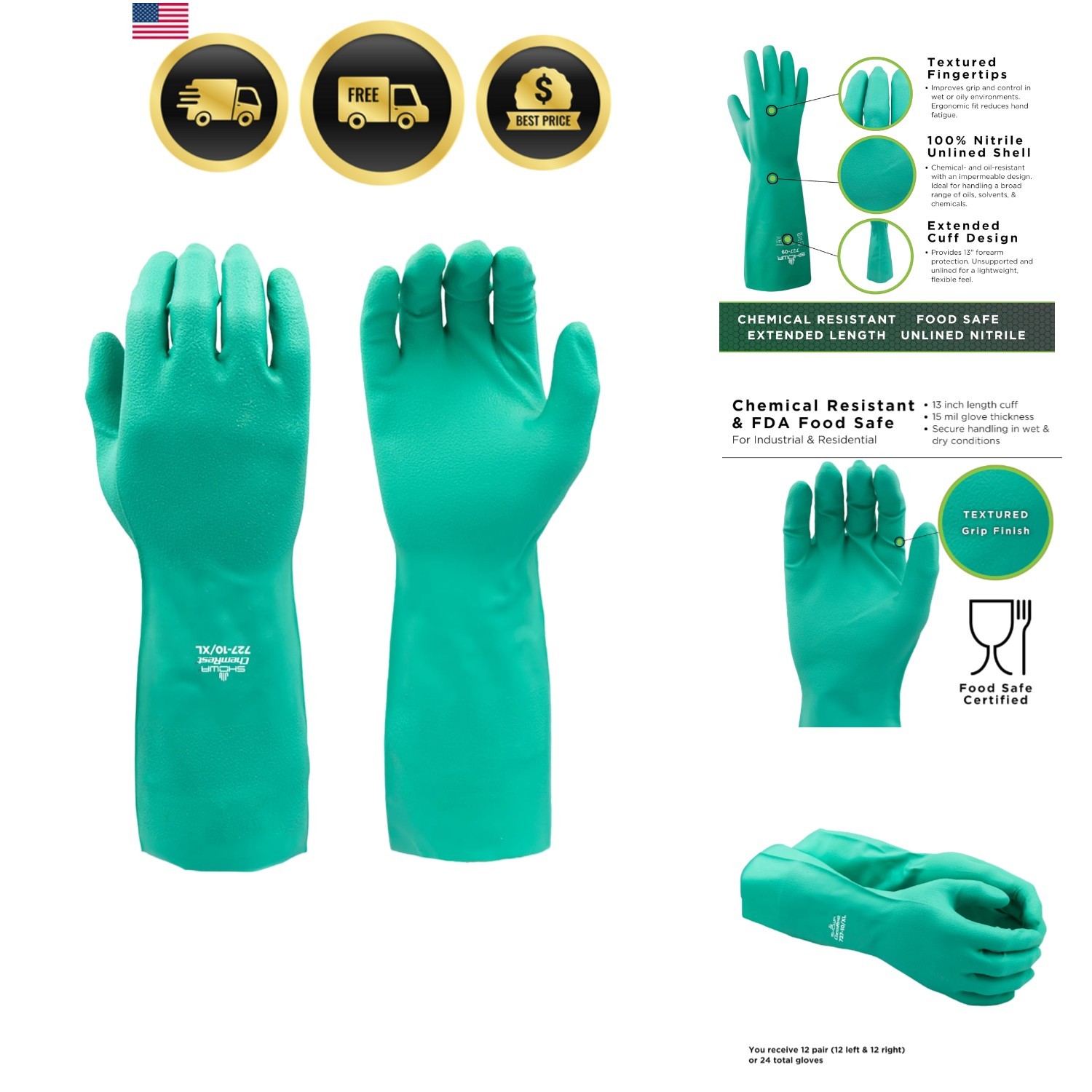 727 Chemical Resistant Gloves, 15-mil Unsupported Nitrile, 13-inch Extended G…