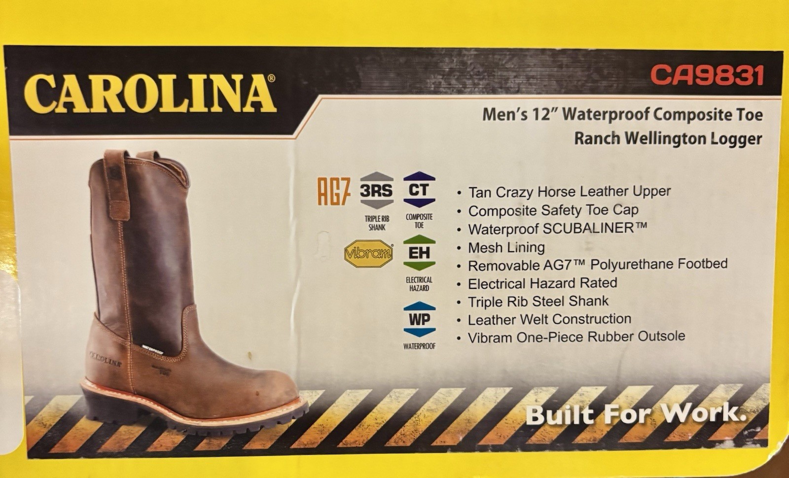 Carolina CA9831 Composite Toe EH WP Work Boots 8.5 2E Tan Logger Style Heel