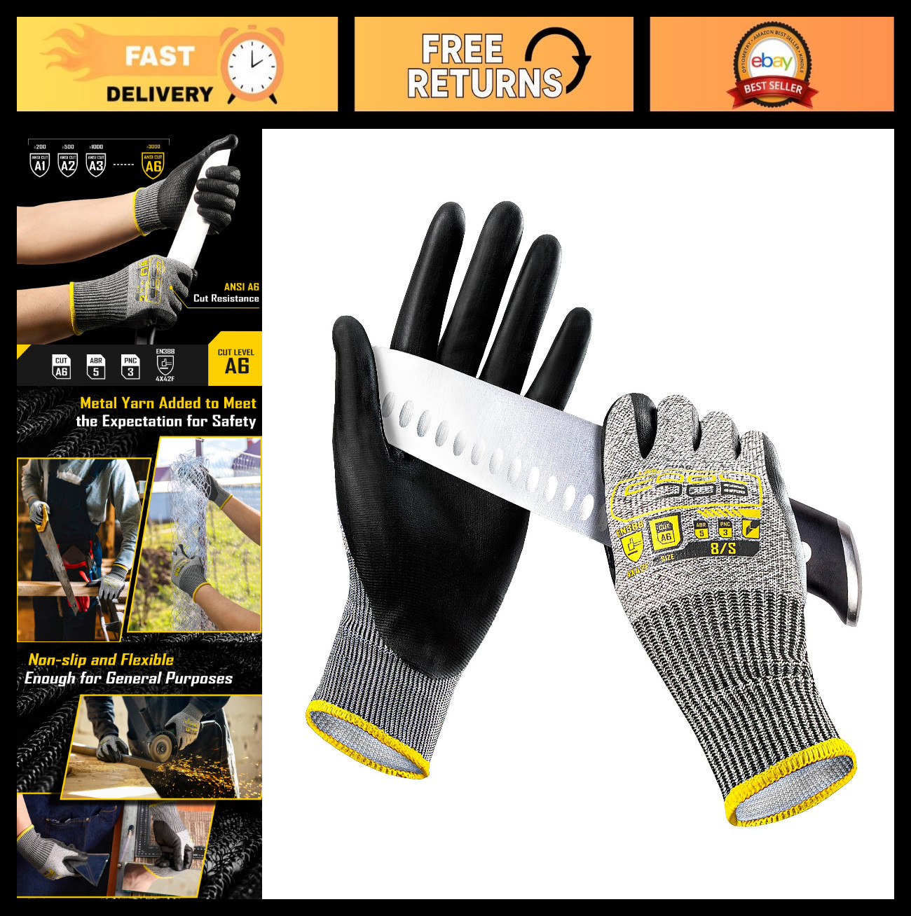 Cut Resistant Work Gloves – 12/120 Pairs, PU Coating, ANSI A2 A4 A6 A9 Safety Ge