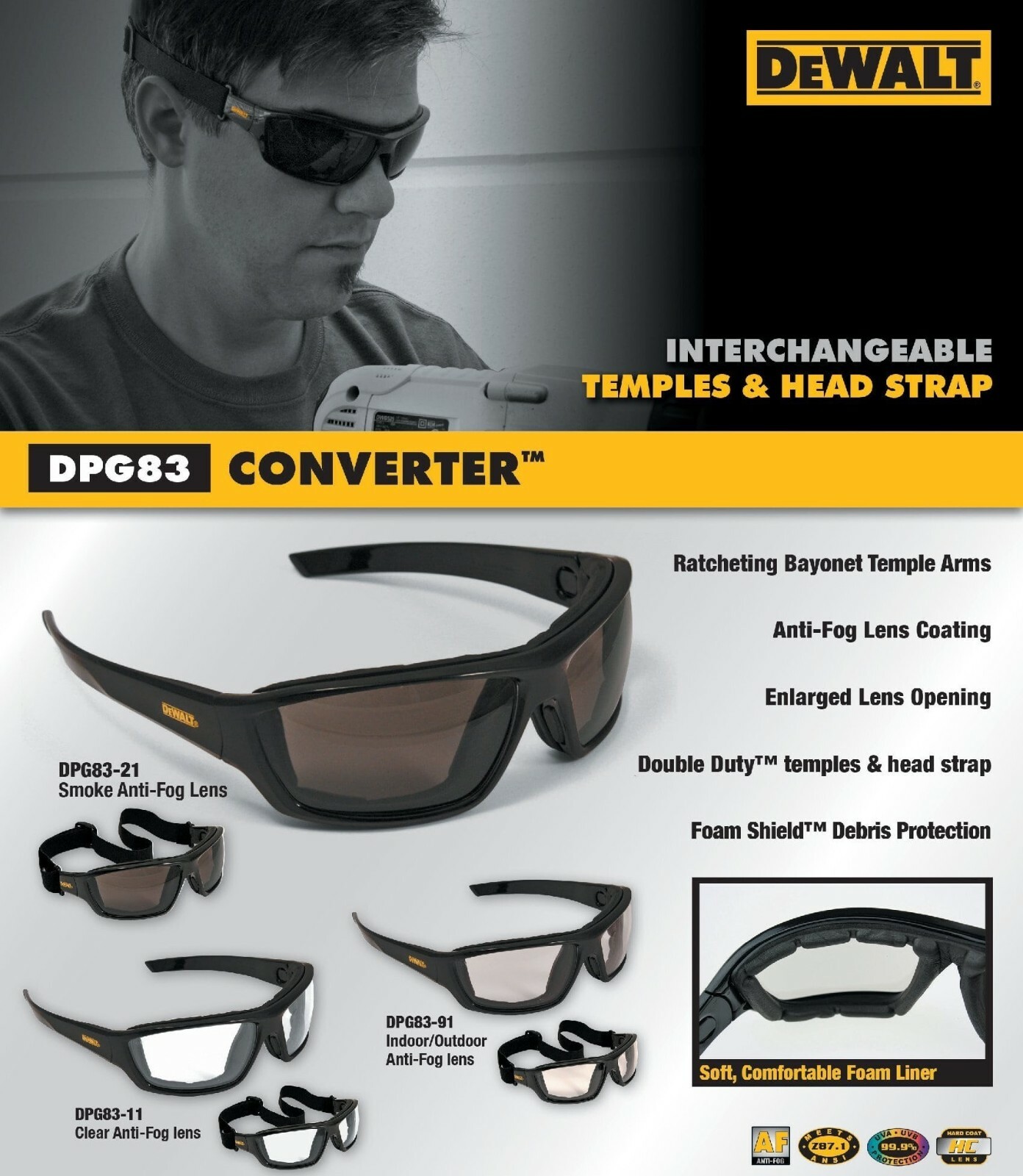 DeWalt GRAY ANTI FOG Padded Safety Glasses UV Sunglasses ANSI Z87+ Work Eyewear