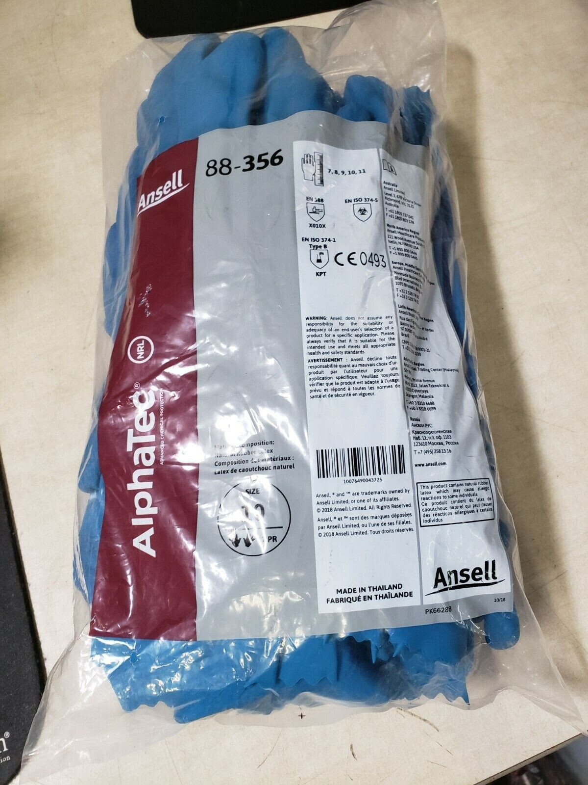 (12 Pairs) Ansell AlphaTec Natural Rubber Latex Gloves Blue Size 10 88-356