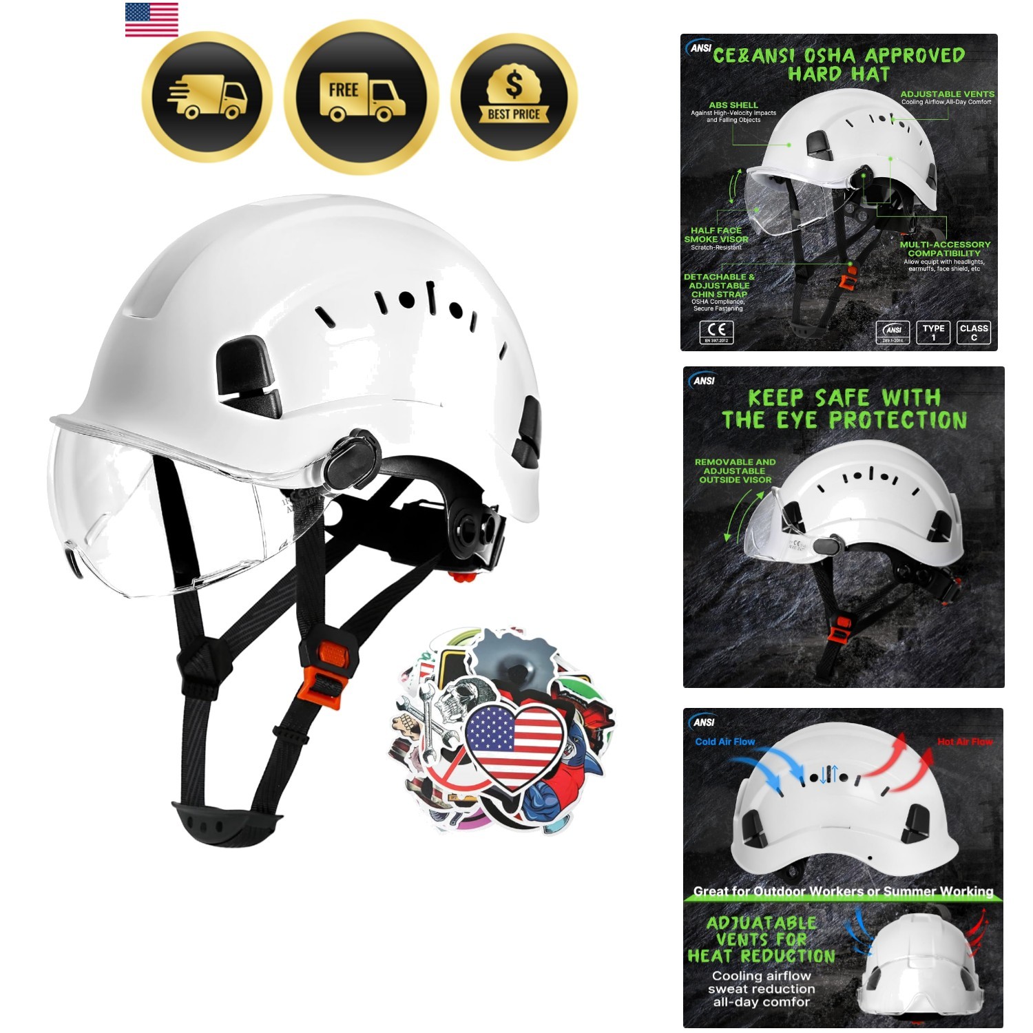 Construction Safety Hard Hat with Visor-ANSI Z89.1 OSHA Approved Construction…