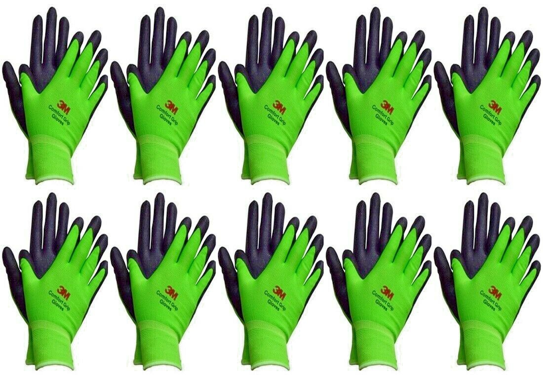 3M Nitrile Rubber Coated Nylon Work Gloves, Thin, Washable Bulk 10 Pack Green